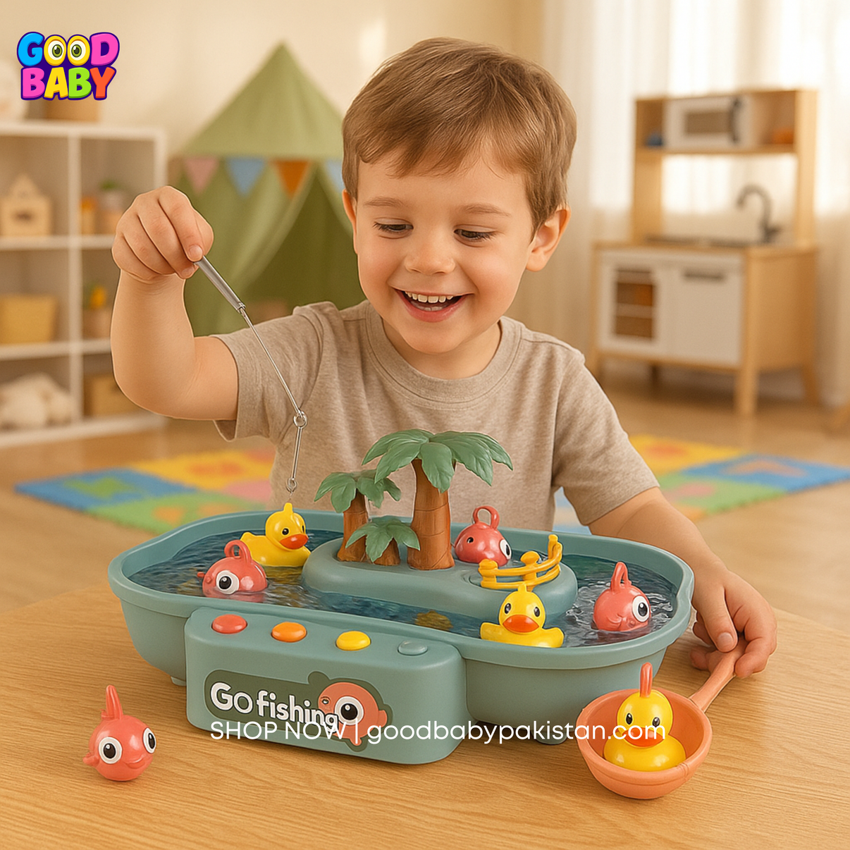 go fishing game for kids with magnetic fishing rods and colorful fish