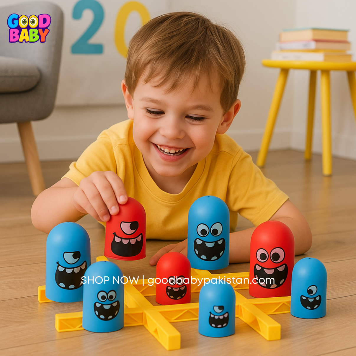 Child playing with colorful toy blocks on a wooden floor