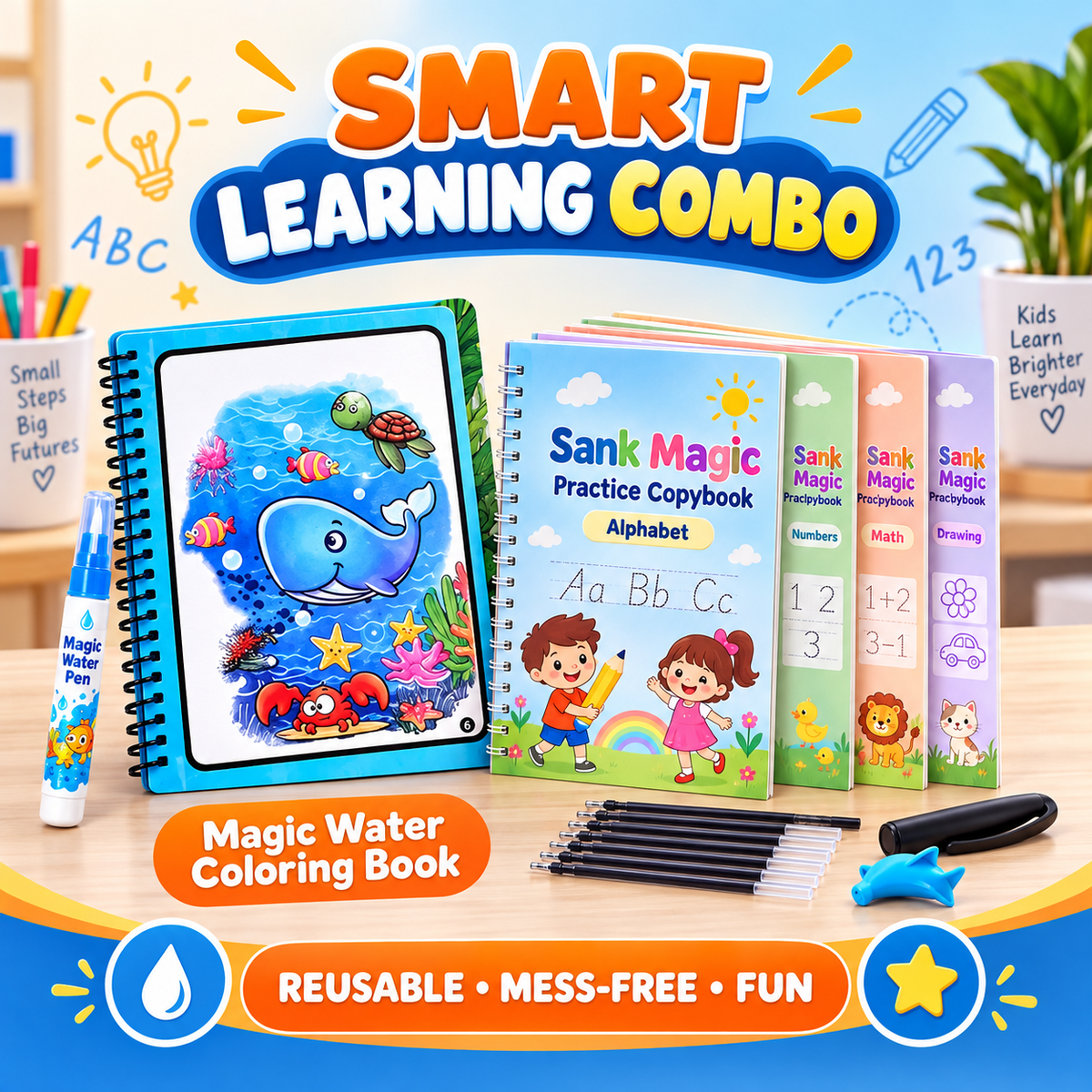 Kids Smart Learning Combo with reusable magic water colouring book, water pen and Sank Magic handwriting practice copybooks in Pakistan