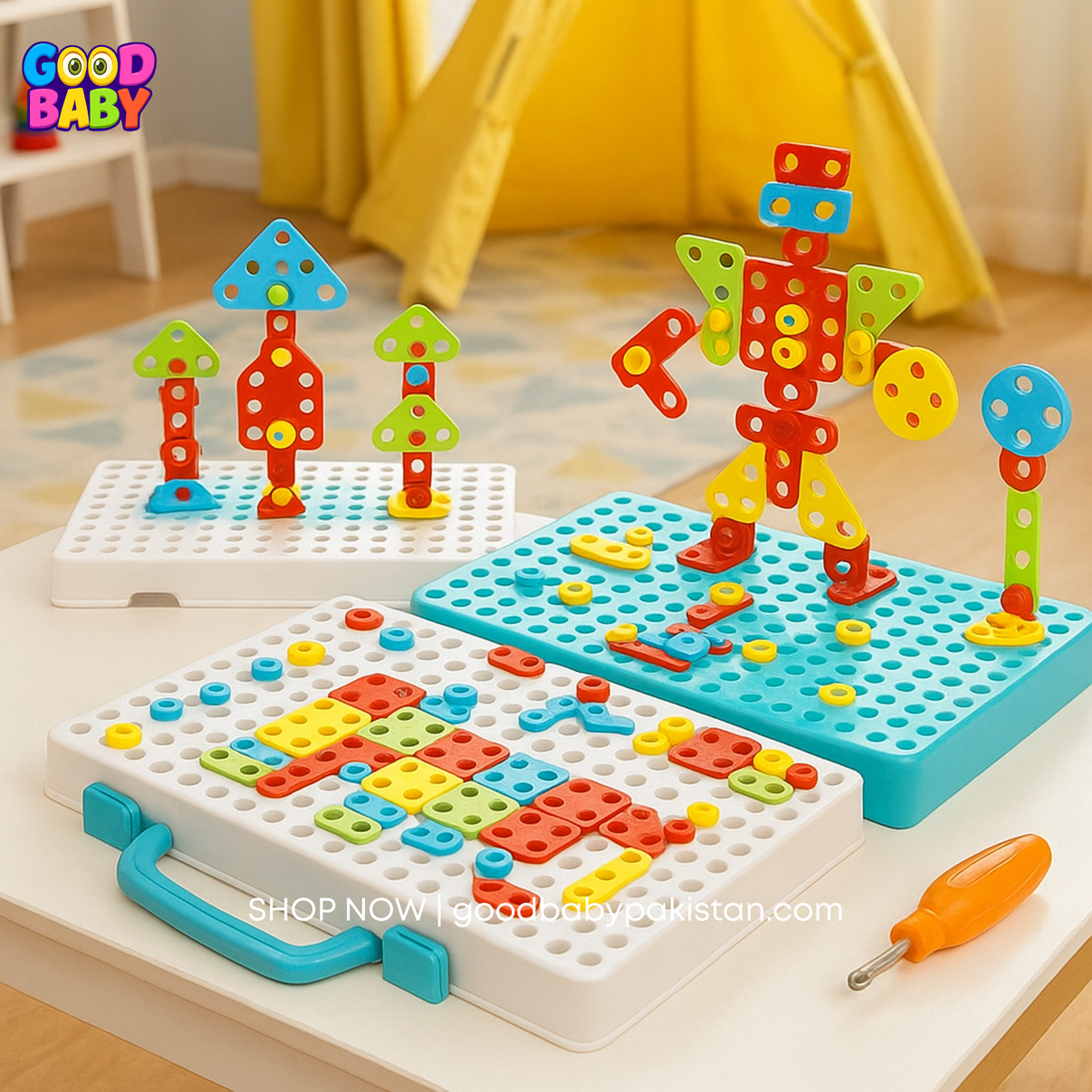 Colorful building block set with a robot figure on a table, featuring 'Good Baby' branding.