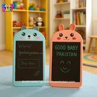 Two small chalkboards with cartoon animal designs on a blue surface, with a colorful background.
