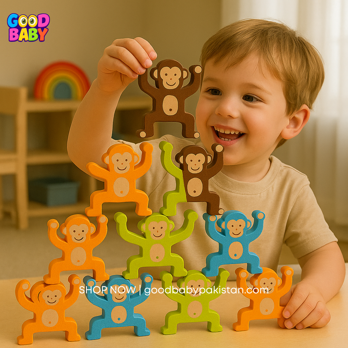 Child playing with colorful monkey toy set in a home setting