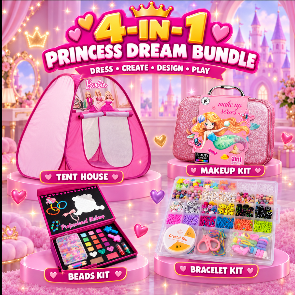 Princess Dream Gift Box with Barbie tent, Frozen makeup kit, beads kit and bracelet kit