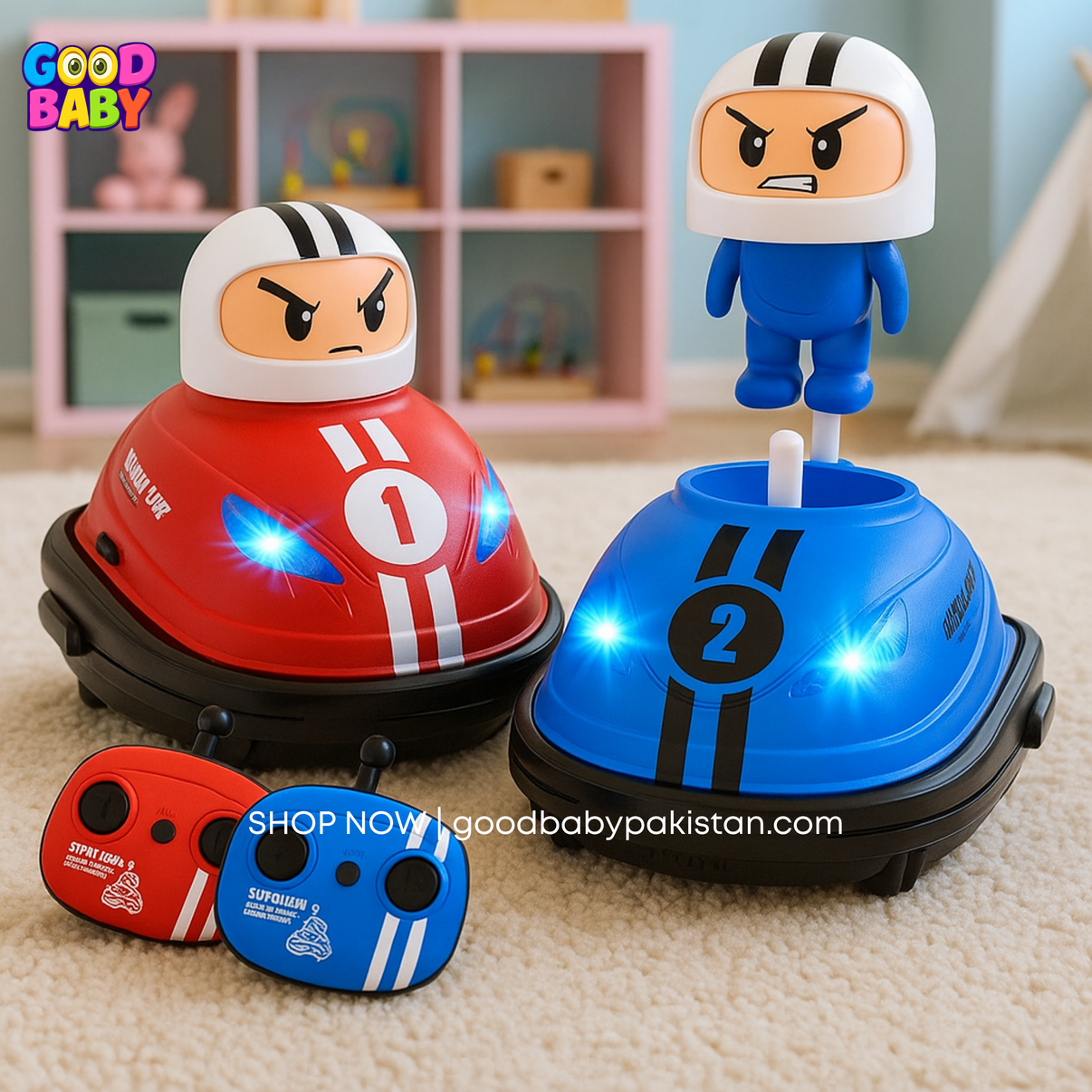 Two toy robots, one red and one blue, with controllers on a carpeted floor.